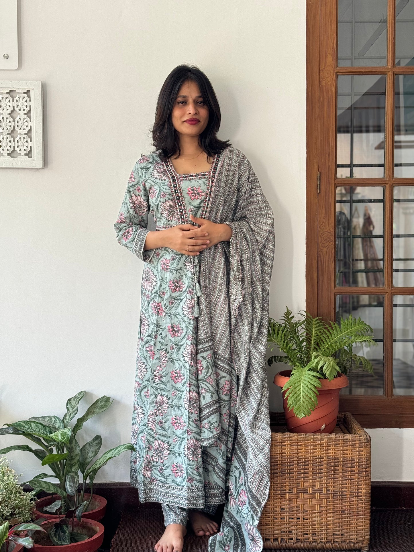 Ash Olivine 3 Piece Floral Anarkali Set