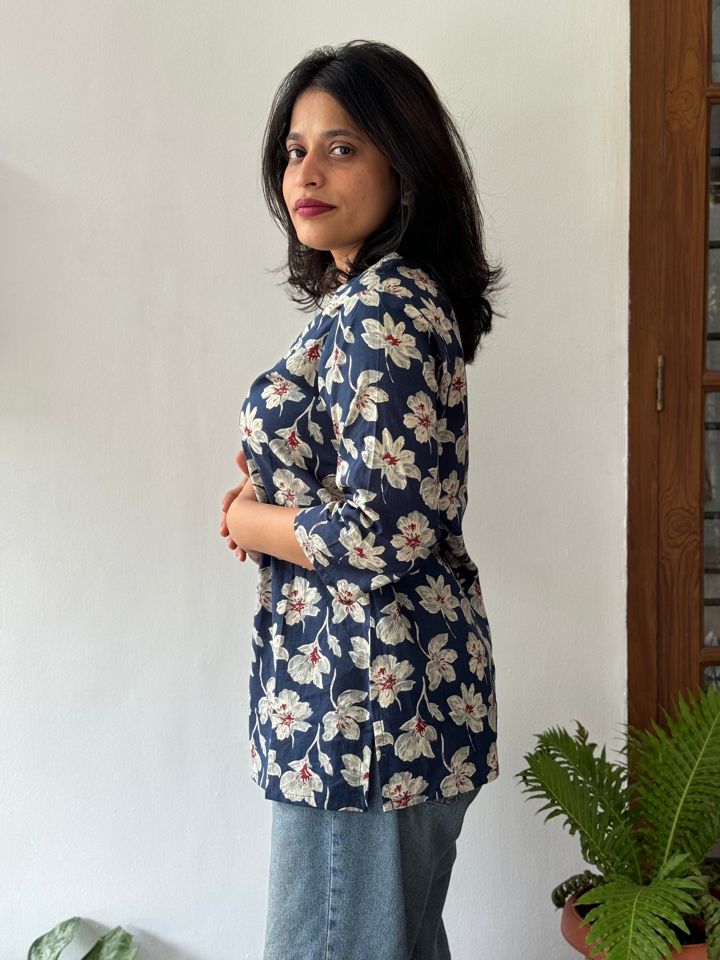 Dark Blue and White Floral Short Top