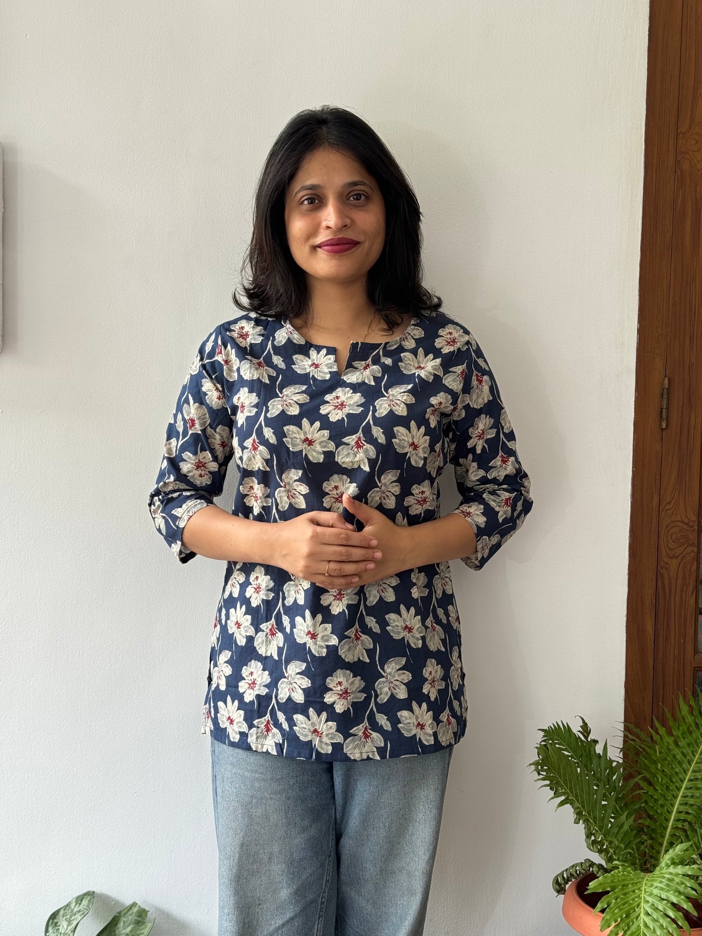 Dark Blue and White Floral Short Top