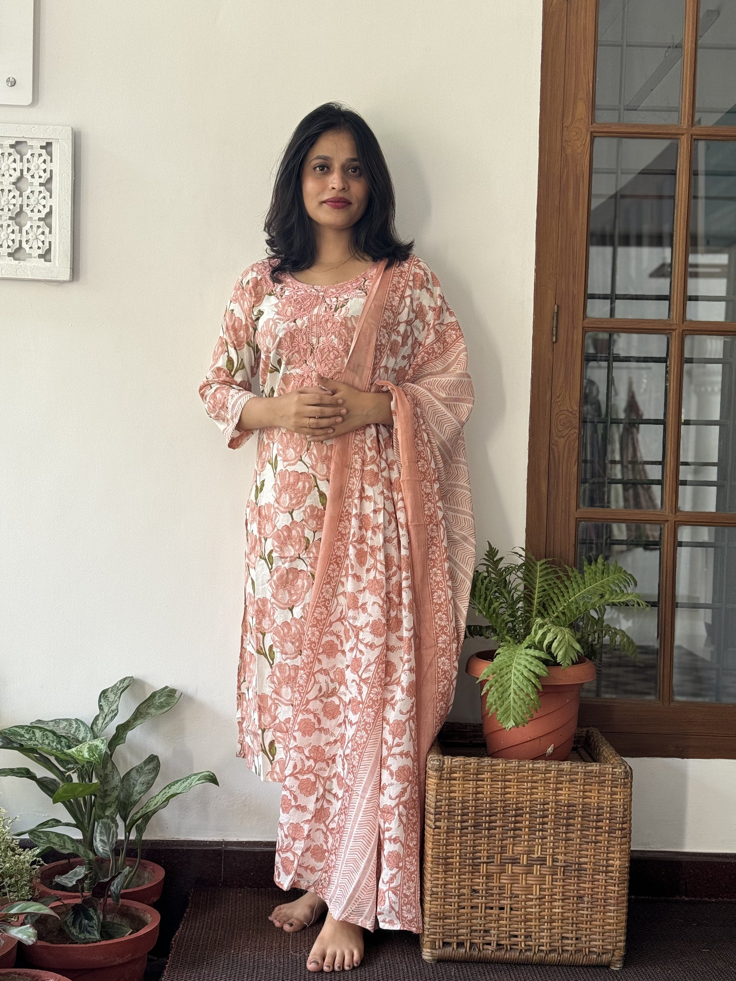 Peach and White 3 Piece Floral Salwar Set