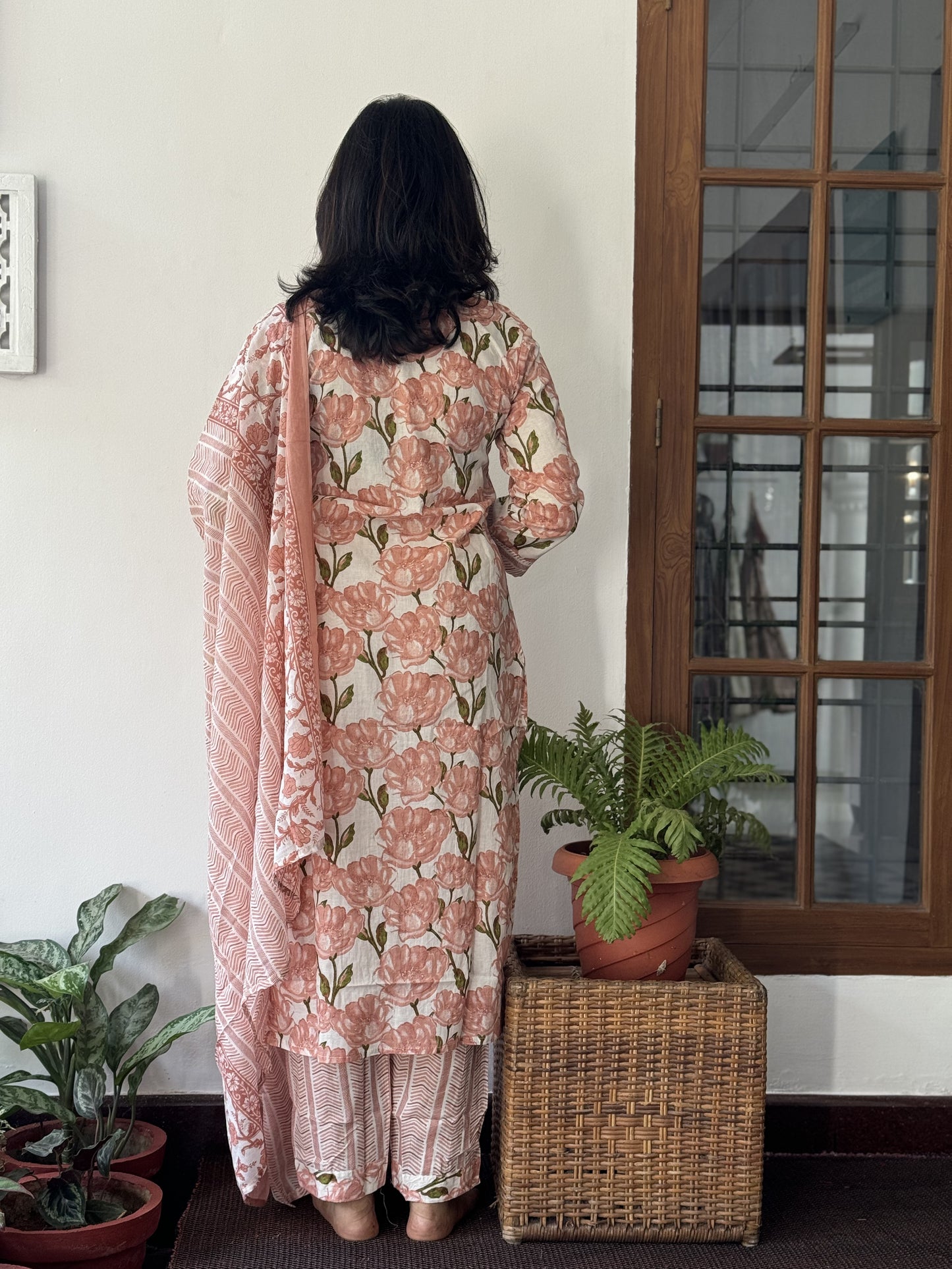 Peach and White 3 Piece Floral Salwar Set