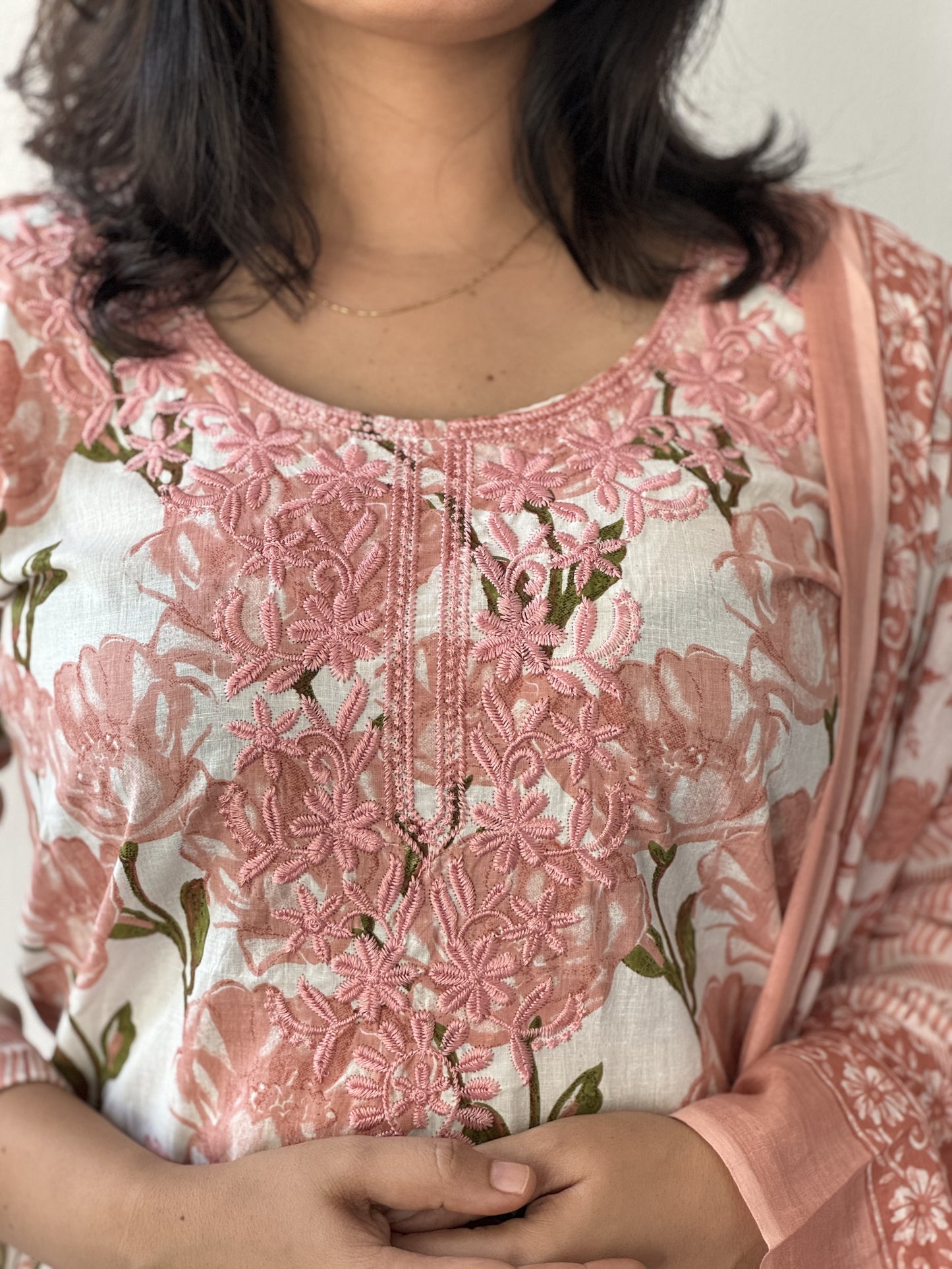 Peach and White 3 Piece Floral Salwar Set