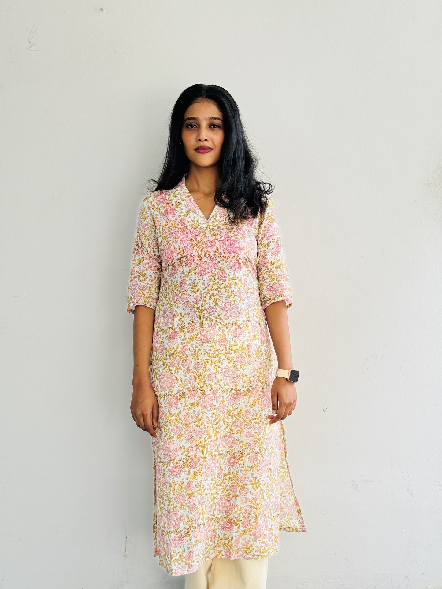 White, Yellow and Pink Floral Kurta