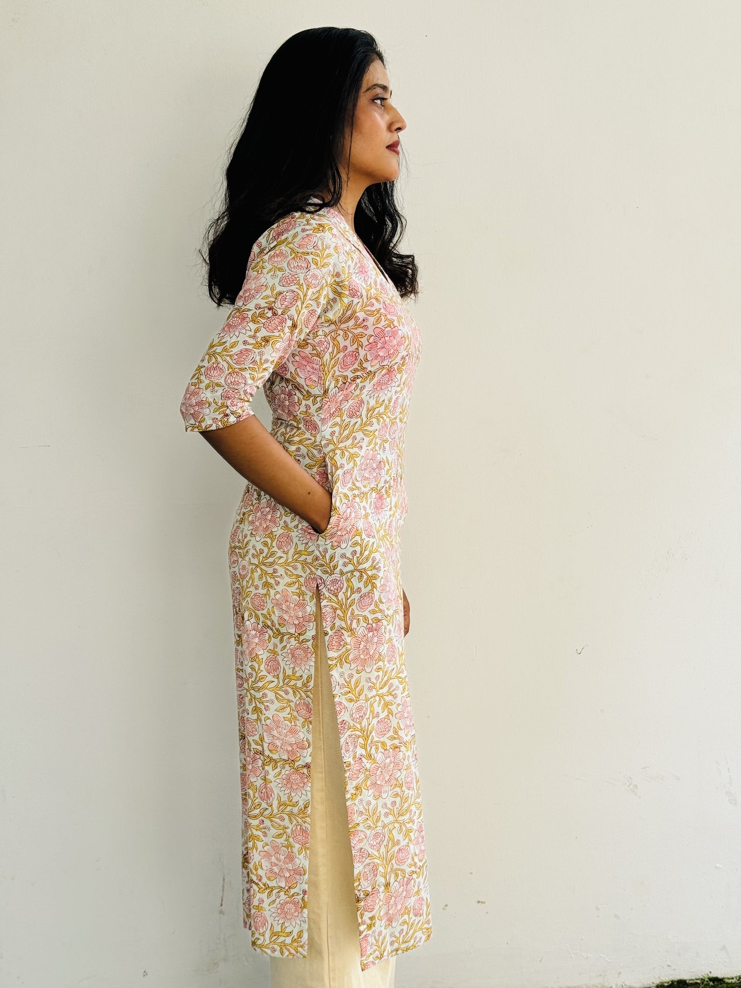 White, Yellow and Pink Floral Kurta