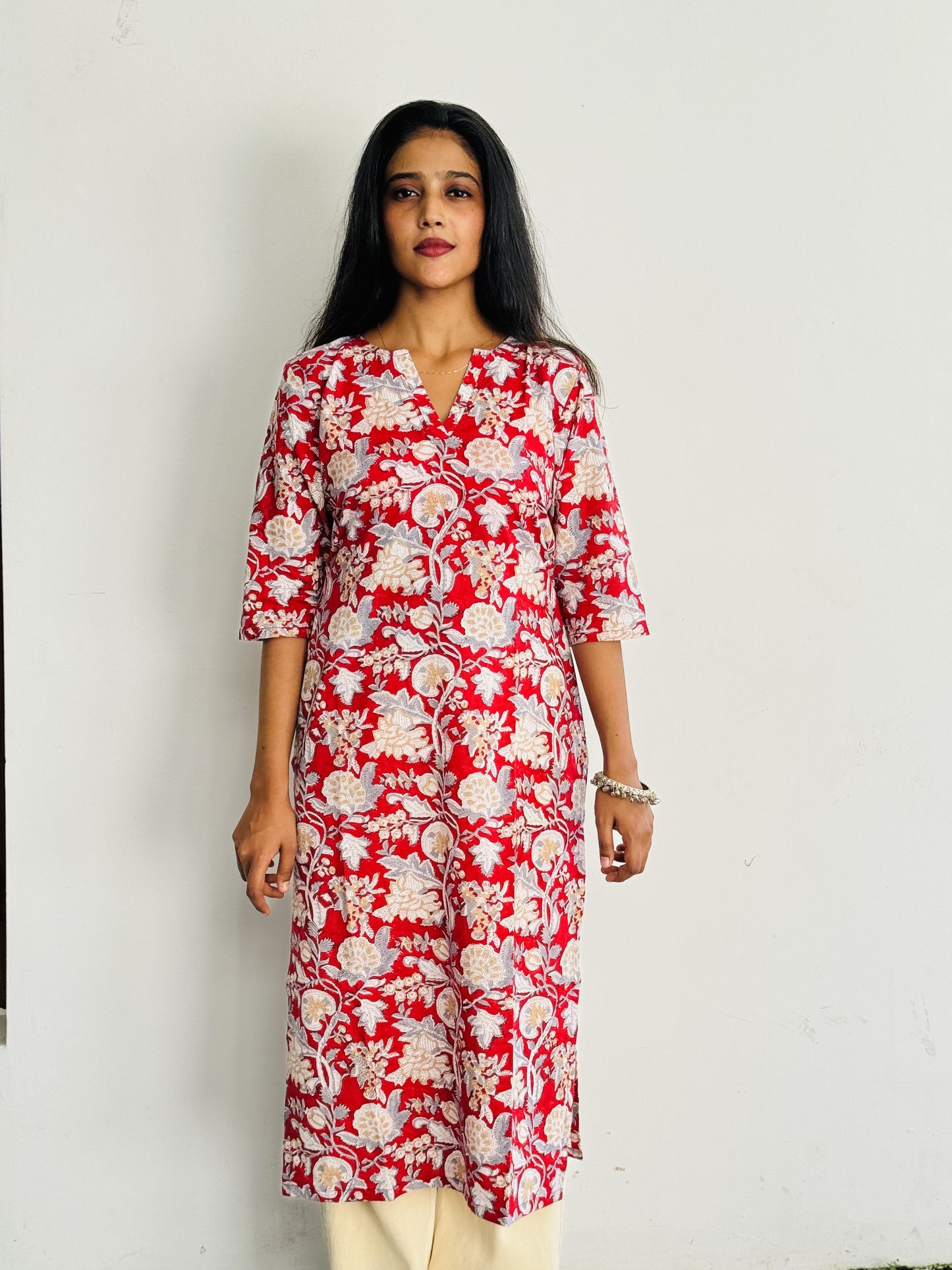 Red and White Floral Kurta