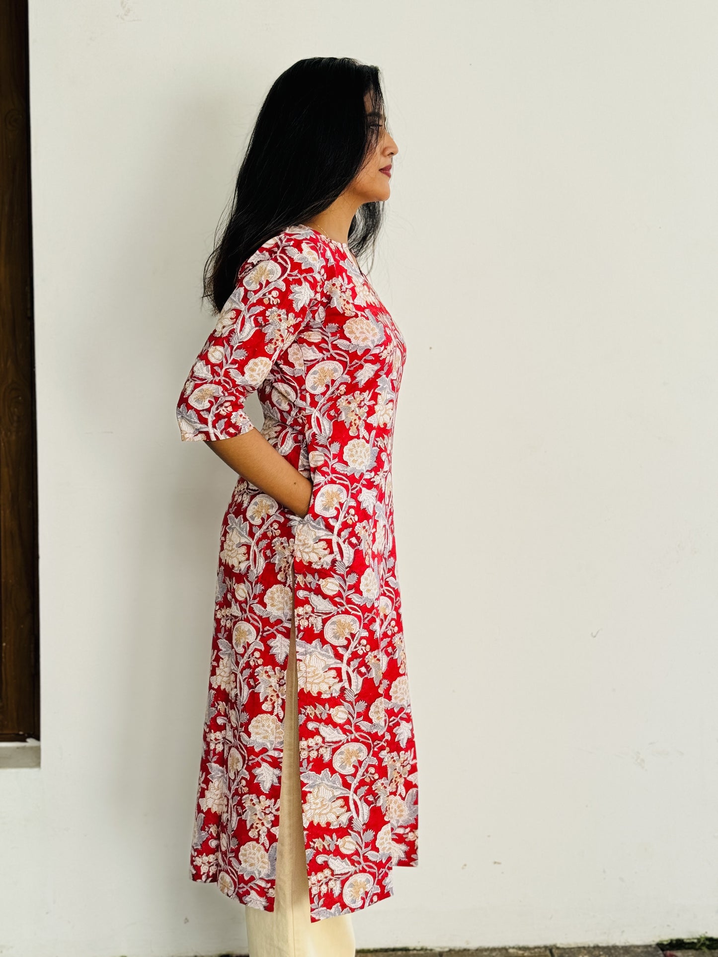 Red and White Floral Kurta
