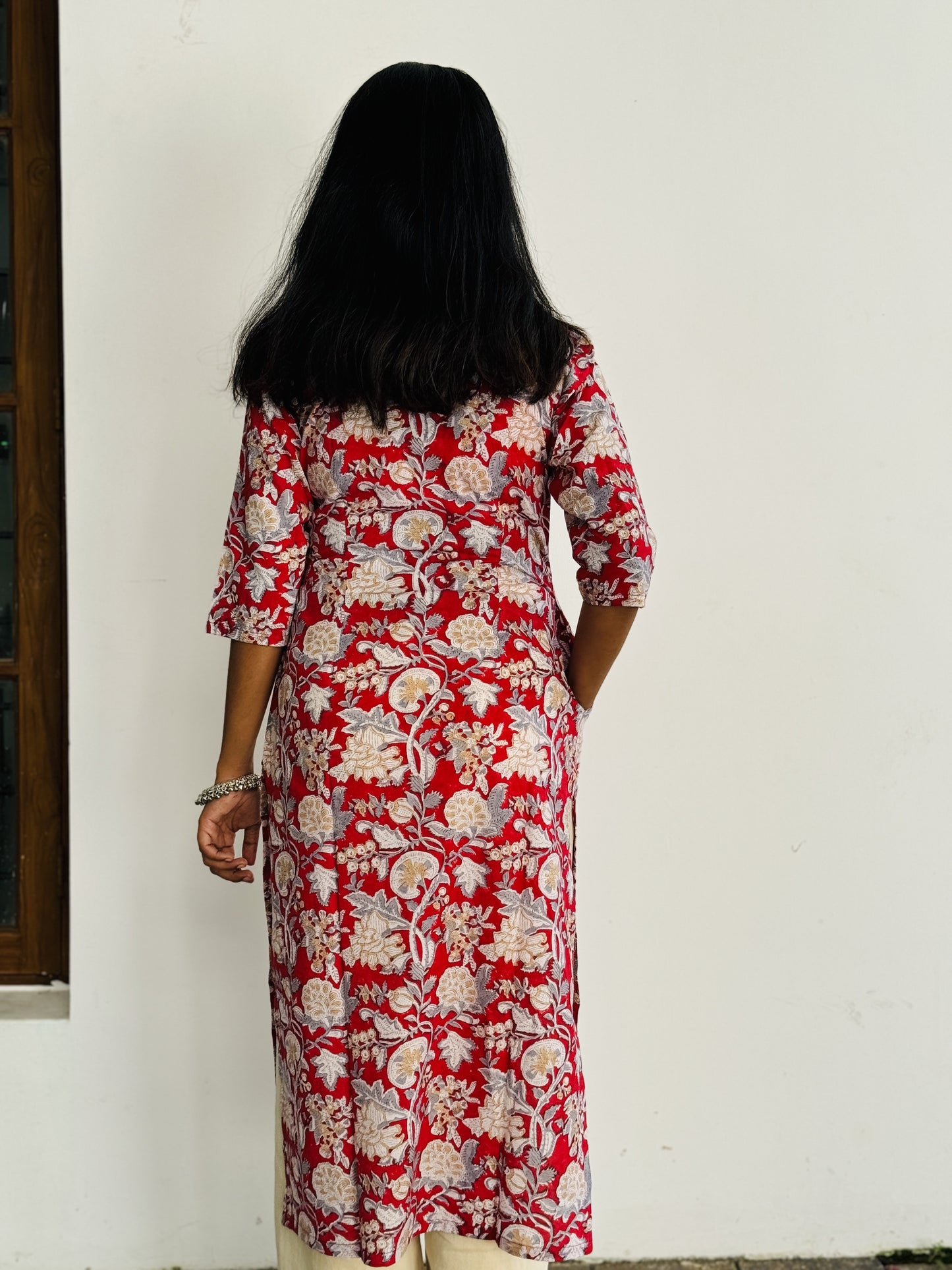Red and White Floral Kurta