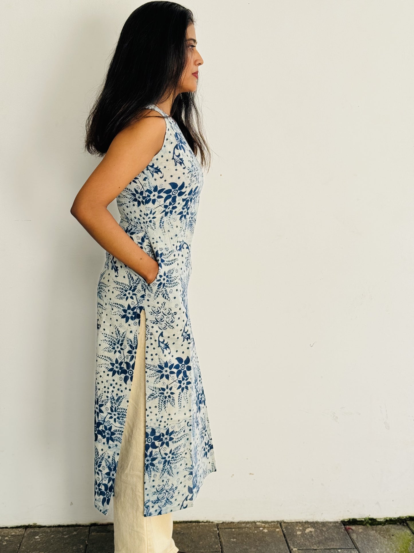 Blue Florals in White Kurta