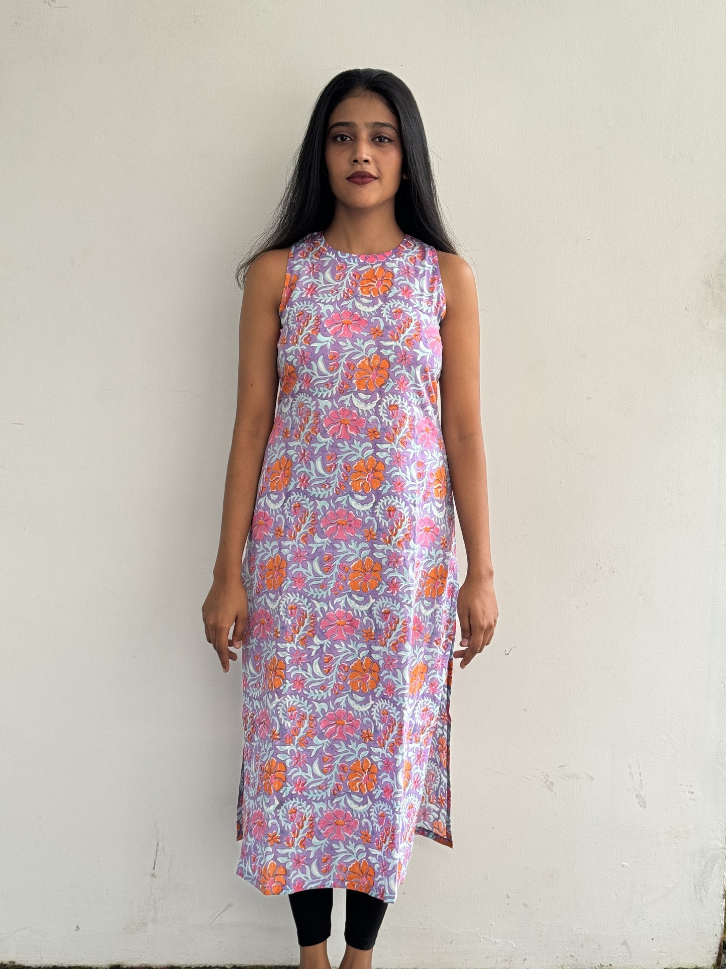 Orange, Pink and Sky-Blue Florals in Purple Kurta