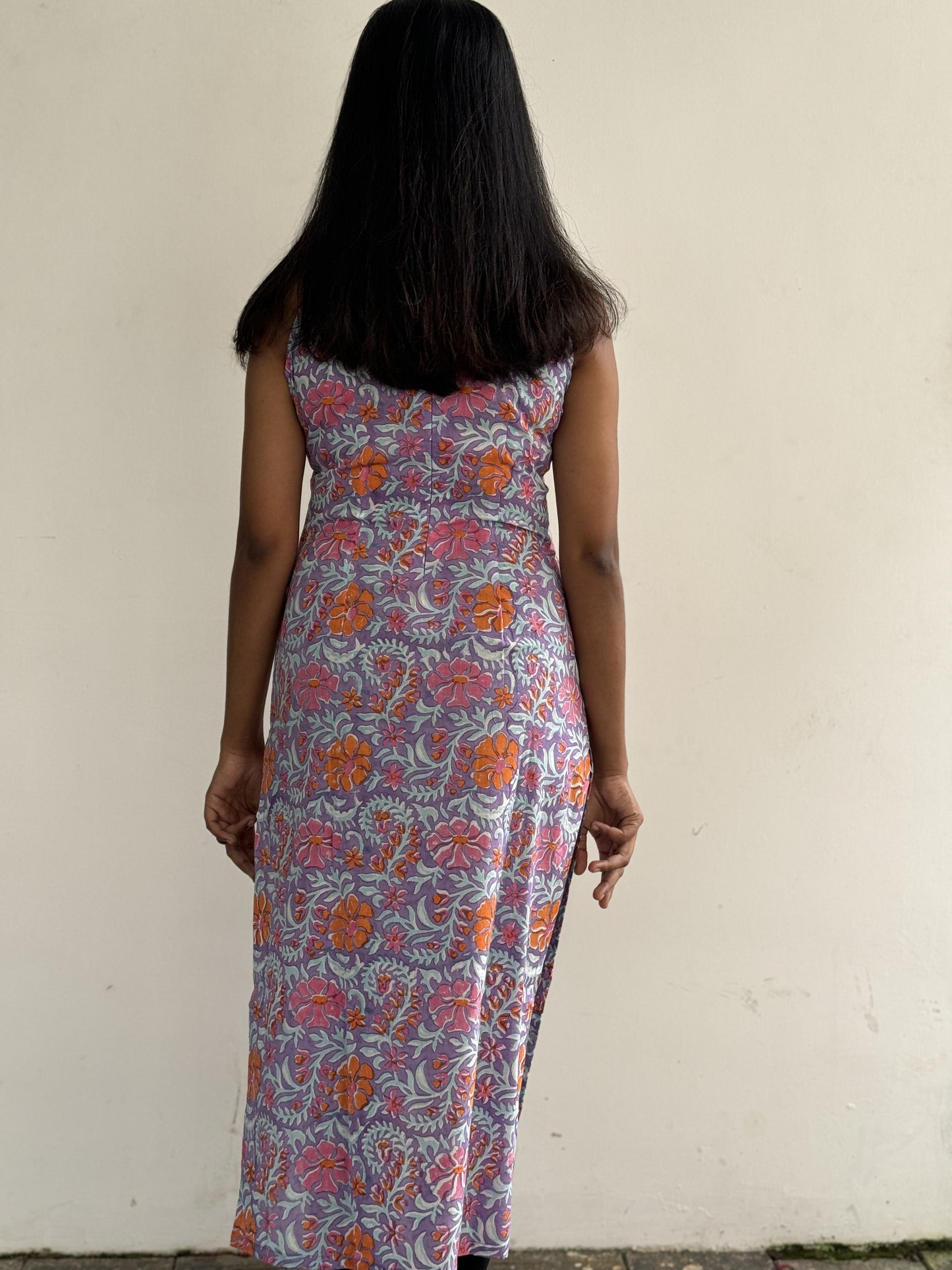 Orange, Pink and Sky-Blue Florals in Purple Kurta