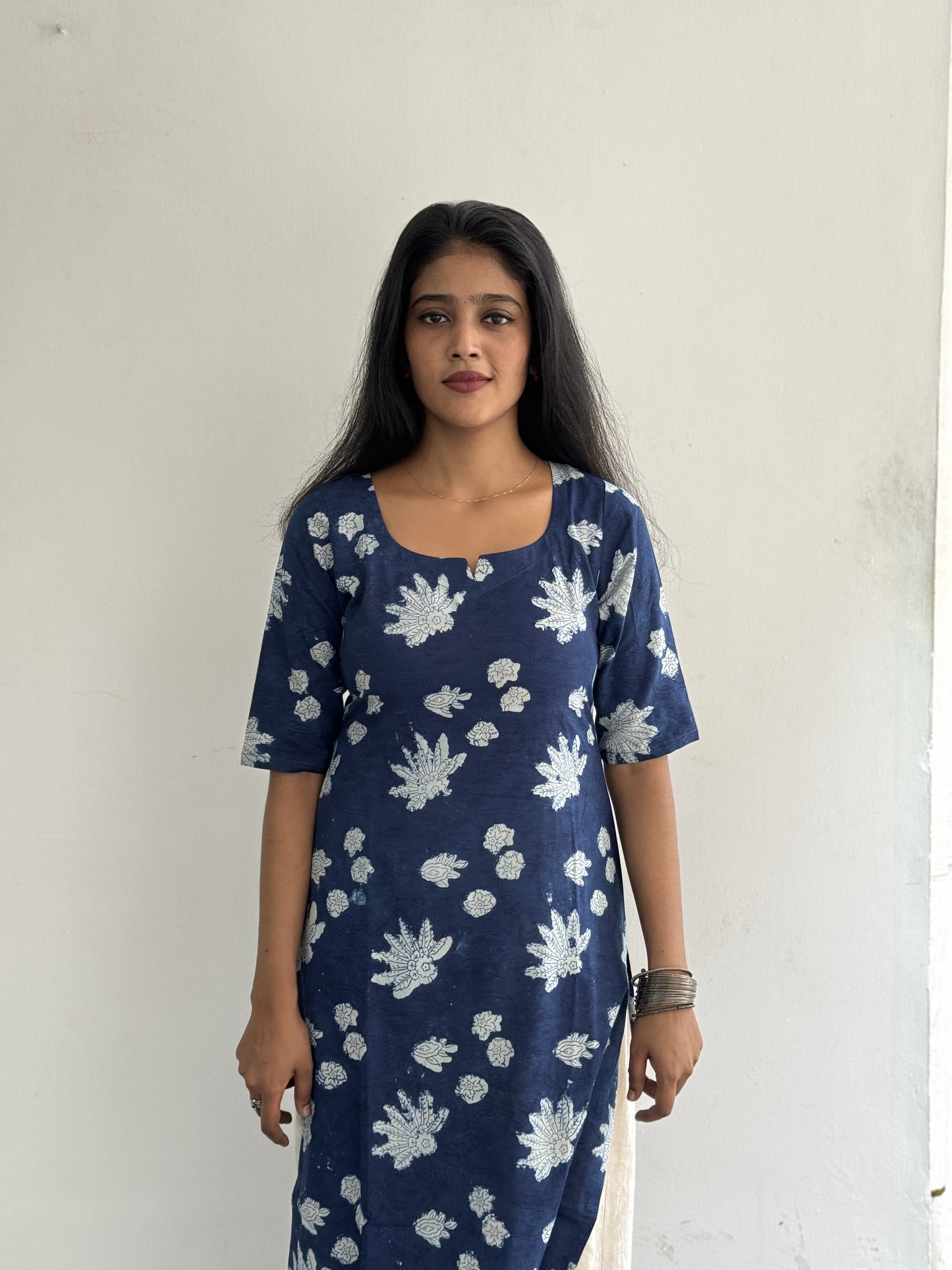 White and Indigo Floral Kurta