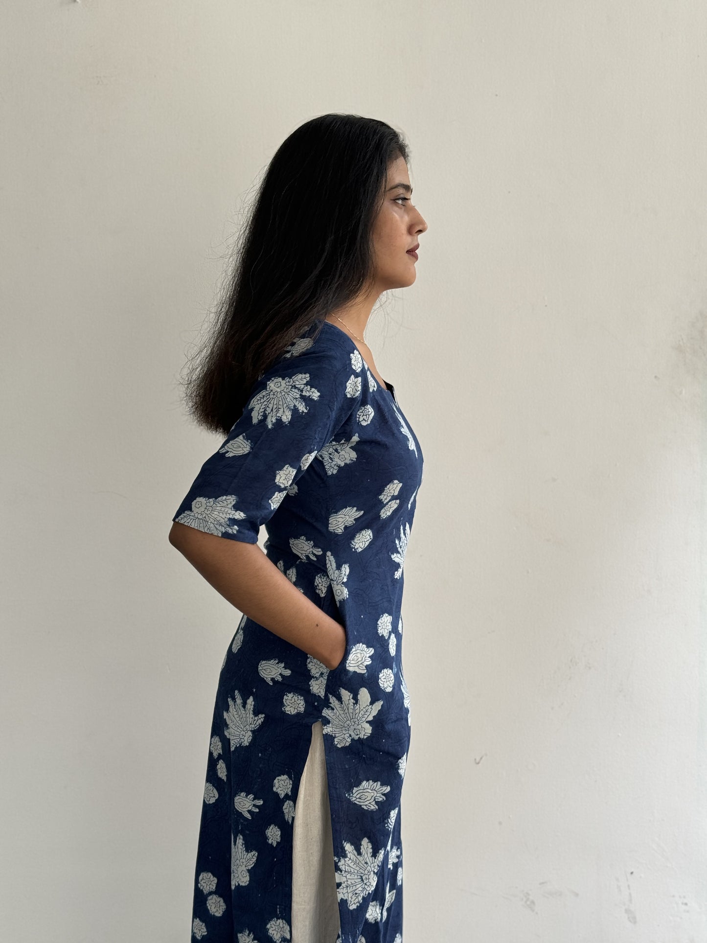 White and Indigo Floral Kurta