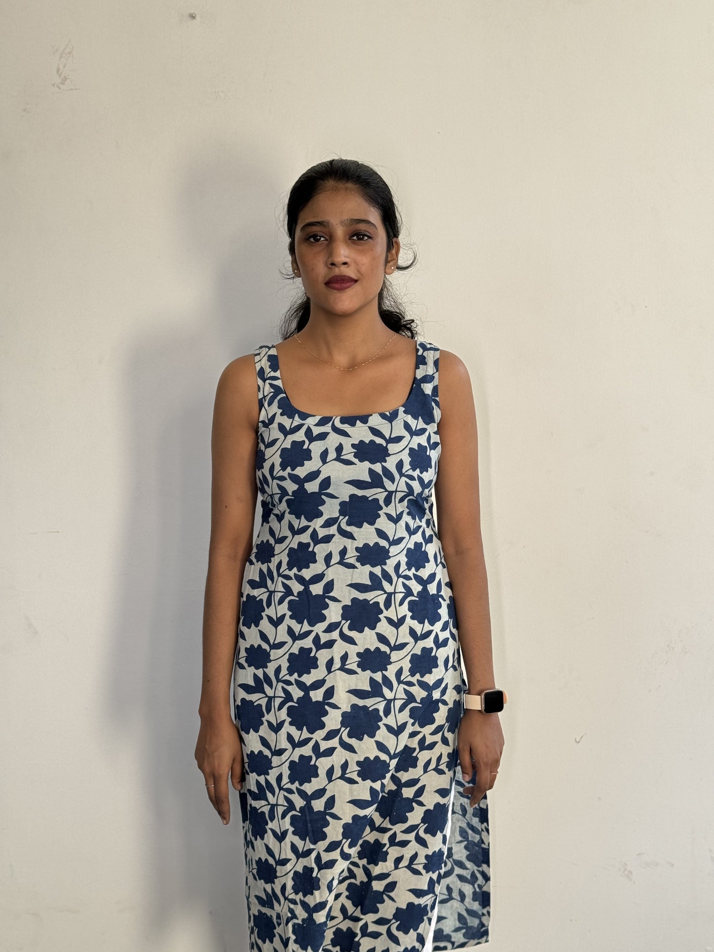 Solid Indigo and White Floral Kurta