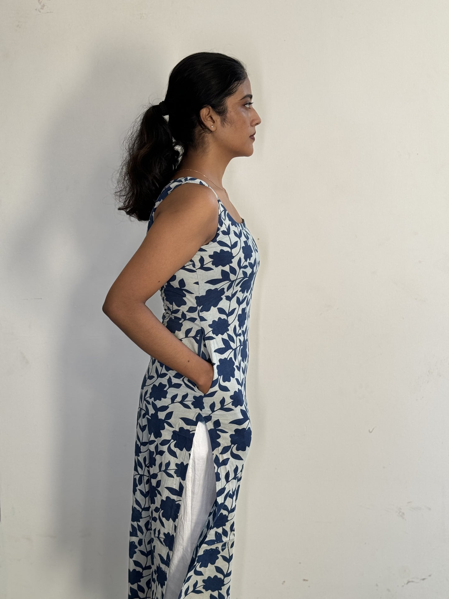 Solid Indigo and White Floral Kurta