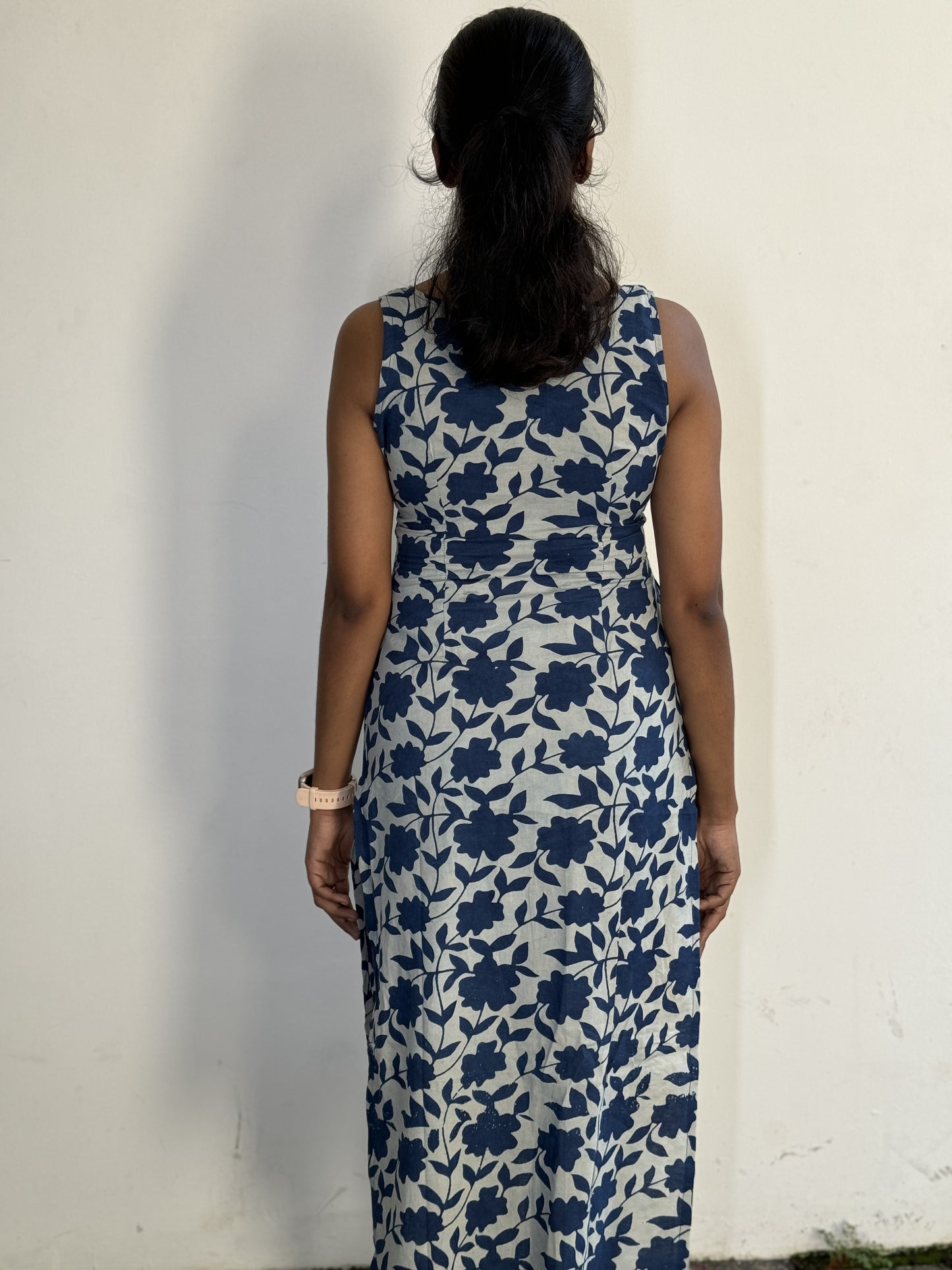 Solid Indigo and White Floral Kurta