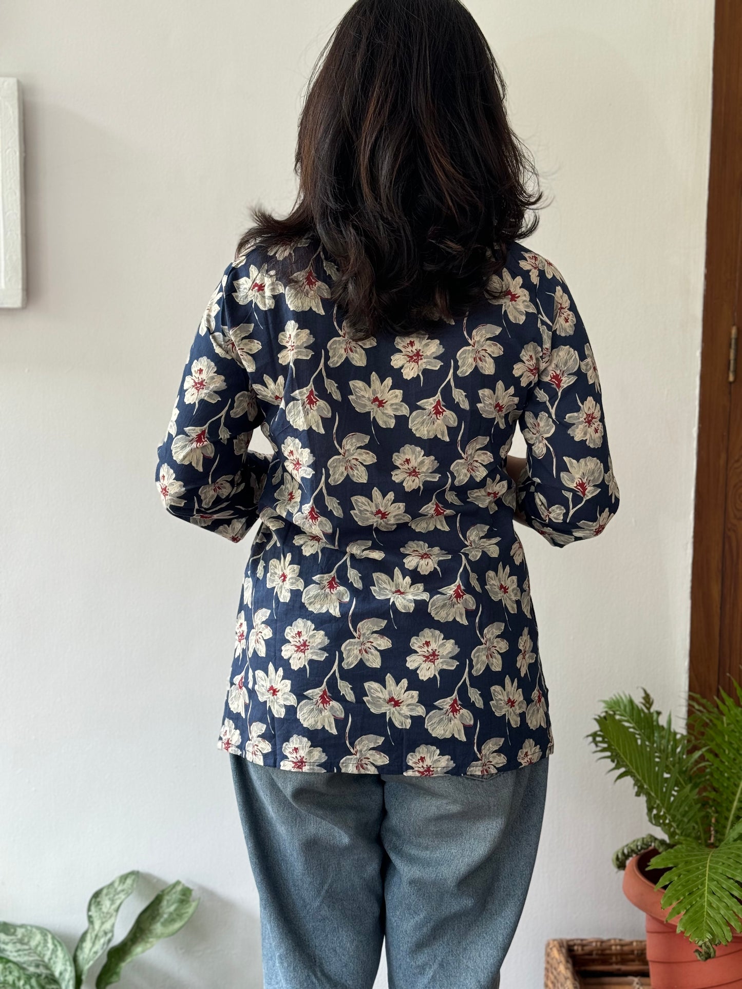 Dark Blue and White Floral Short Top