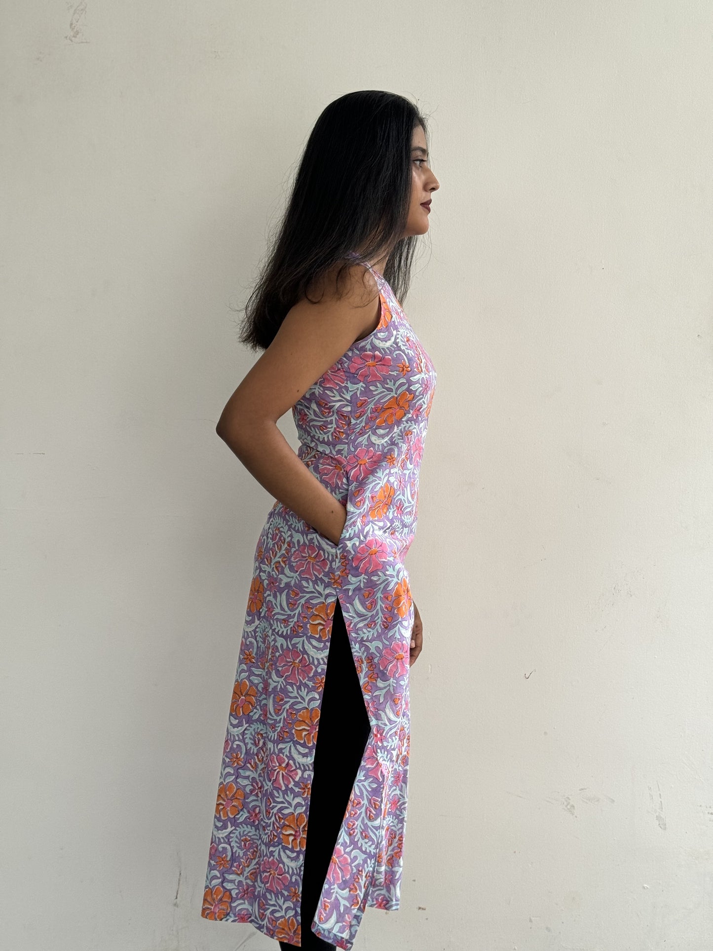 Orange, Pink and Sky-Blue Florals in Purple Kurta