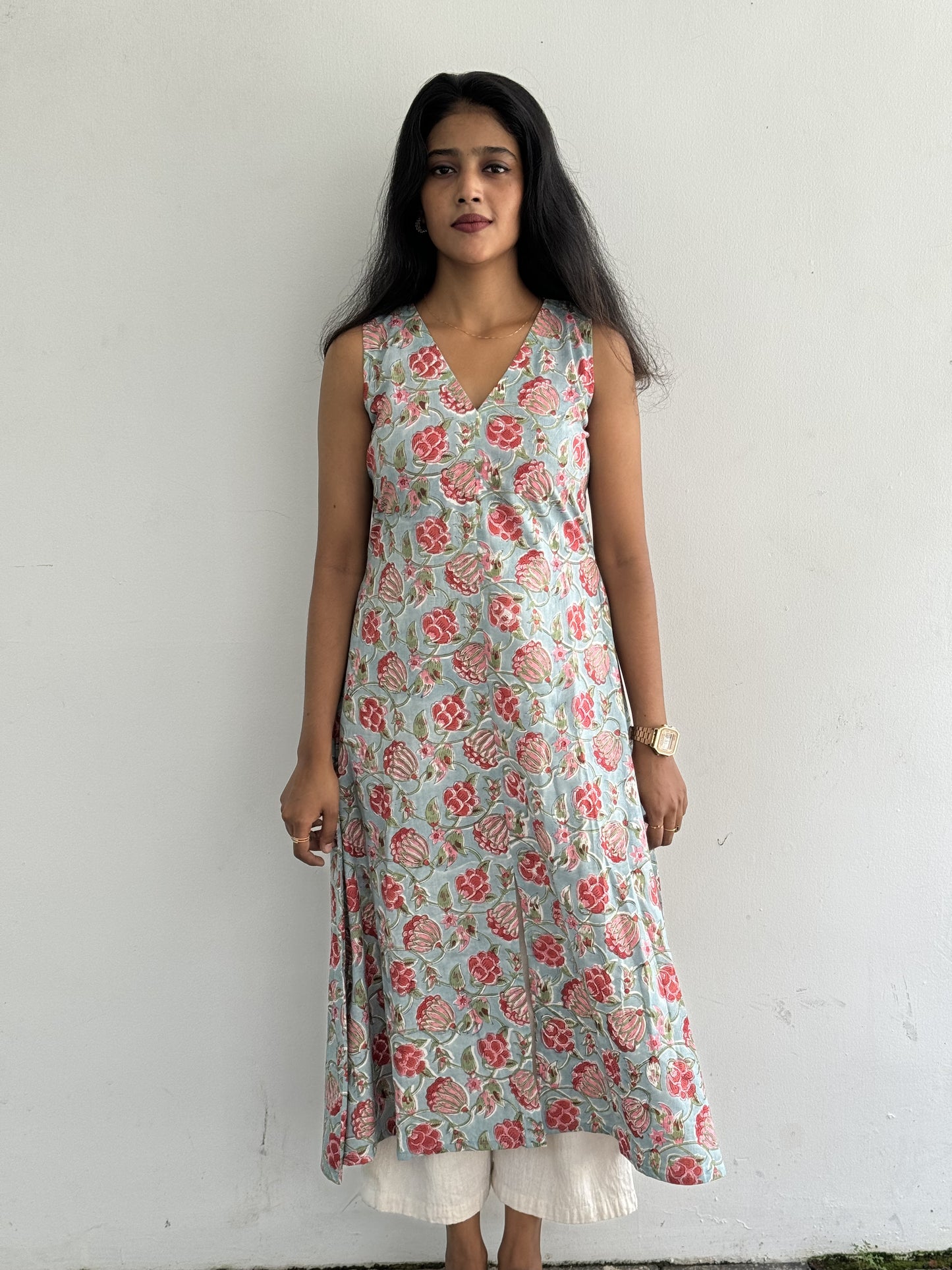 Fuchsia and Sky-Blue Floral Kurta