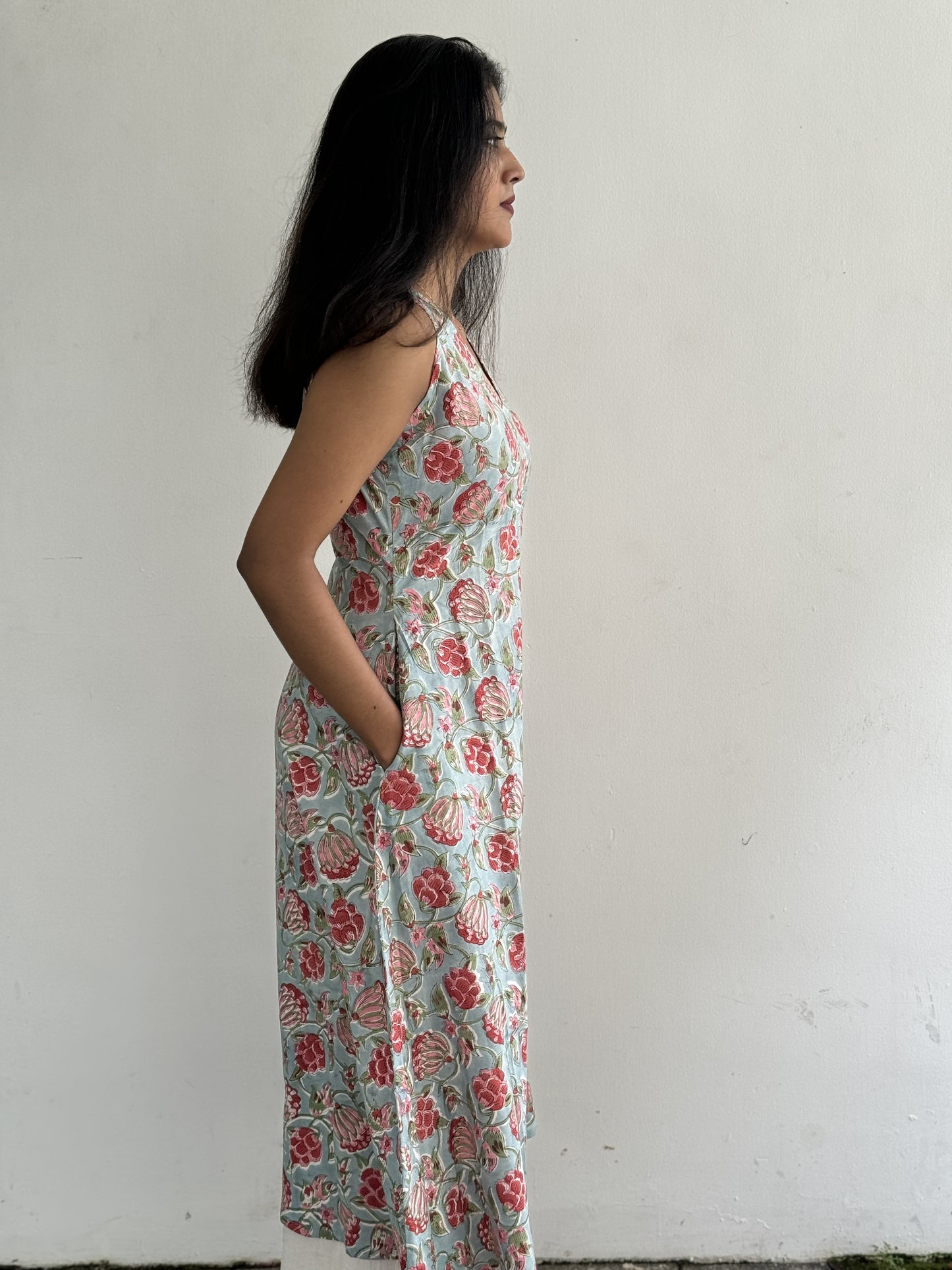 Fuchsia and Sky-Blue Floral Kurta